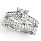 white gold vintage inspired princess cut engagement ring and white gold curved diamond wedding band