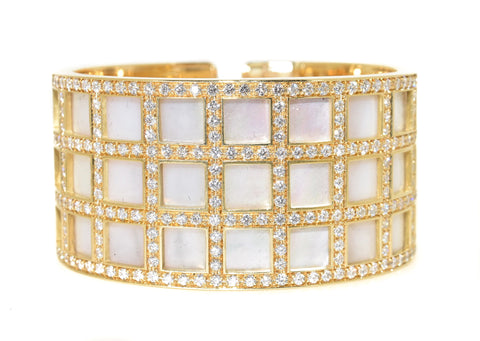 yellow gold mother of pearl and diamond cuff bracelet