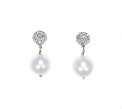 white gold drop earrings with white south sea pearls and diamonds