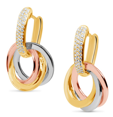 white gold yellow gold and rose gold diamond drop earrings