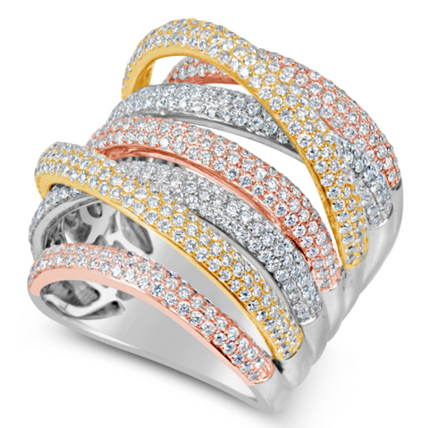 rose gold white gold and yellow gold diamond crossover ring