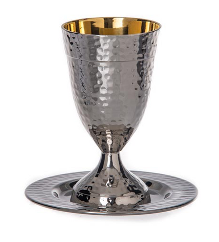 stainless steel kiddush cup with gold and tray