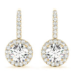 yellow gold halo drop diamond earrings
