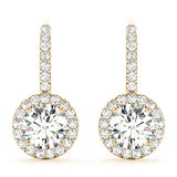 yellow gold halo drop diamond earrings