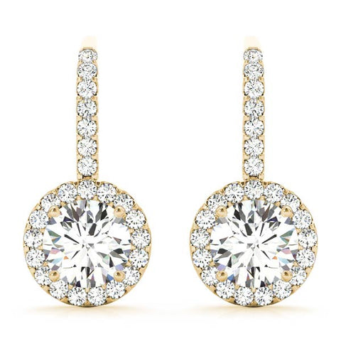yellow gold halo drop diamond earrings