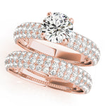 rose gold triple row pave diamond wedding band and triple row pave diamond engagement ring 