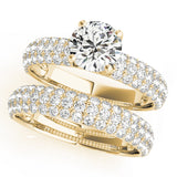 yellow gold multi row pave engagement ring and multi row pave diamond wedding band