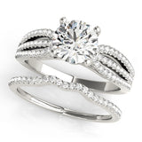 white gold curved diamond wedding band and white gold triple row diamond engagement ring