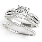 white gold triple row diamond engagement ring and curved diamond wedding band