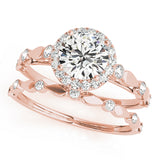 rose gold diamond halo engagement ring and rose gold diamond wedding band