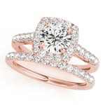 rose gold single row diamond wedding band and rose gold halo engagement ring