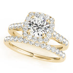 square halo engagement ring and single row diamond wedding band