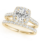yellow gold single row diamond wedding band and yellow gold square halo diamond engagement ring