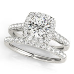 white gold single row diamond wedding band and white gold square halo engagement ring