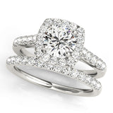 white gold single row diamond wedding band and white gold square halo engagement ring