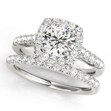 white gold single row diamond wedding band and white gold square halo diamond engagement ring