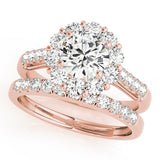rose gold single row diamond wedding band with rose gold halo diamond engagement ring
