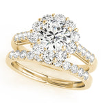 yellow gold single row diamond wedding band and yellow gold halo diamond engagement ring