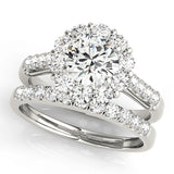 white gold single row diamond wedding band and white gold halo diamond engagement ring