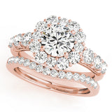 rose gold curved diamond wedding band and rose gold halo diamond engagement ring
