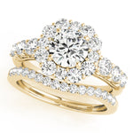 yellow gold halo diamond engagement ring and yellow gold diamond wedding band
