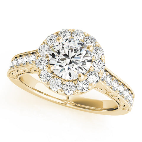 yellow gold engraved diamond halo engagement