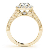 yellow gold engraved diamond halo engagement