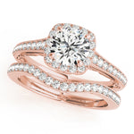 rose gold curved diamond wedding band and rose gold vintage inspired halo engagement ring