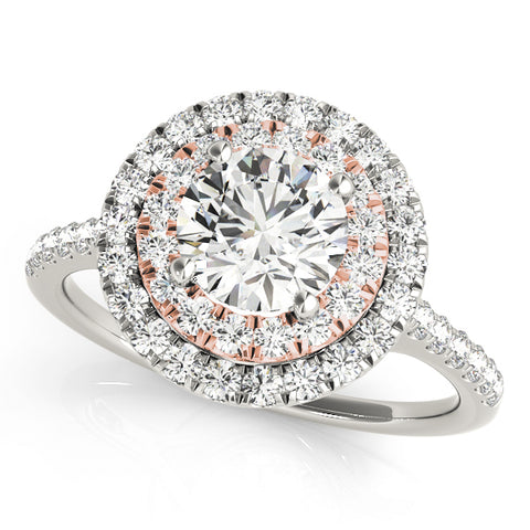 white gold and rose gold double round halo diamond engagement ring