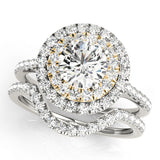 white gold and yellow gold double round halo engagement ring  and white gold curved diamond wedding band
