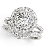 white gold double halo diamond engagement ring and white gold curved diamond wedding band