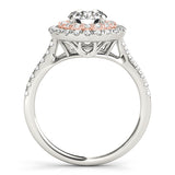 white gold and rose gold double round halo diamond engagement ring