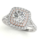 white gold and rose gold double square halo engagement ring