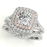 white gold and rose gold double square halo engagement ring and white gold curved diamond wedding band