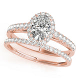 rose gold oval halo engagement ring  and rose gold single row diamond wedding band