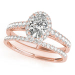 rose gold single row diamond wedding band and rose gold oval halo diamond engagement ring
