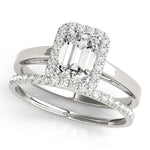 platinum emerald cut halo engagement ring  and platinum single row diamond wedding band