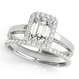 platinum emerald cut halo engagement ring  and platinum single row diamond wedding band
