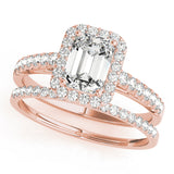 rose gold emerald cut halo engagement ring and rose gold single row diamond wedding band