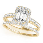yellow gold emerald cut halo engagement ring  and yellow gold single row diamond wedding band