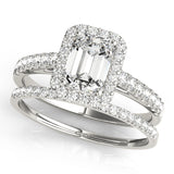 white gold emerald cut halo engagement ring and white gold single row diamond wedding band