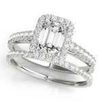 white gold single row diamond wedding band and white gold emerald cut halo engagement ring