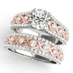 white gold and rose gold fashion swirl diamond wedding band and white gold and rose gold swirl multi row diamond engagement ring