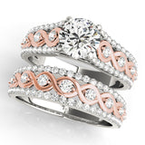 white gold and rose gold fashion swirl diamond wedding band and white gold and rose gold swirl multi row diamond engagement ring