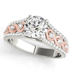 white gold diamond accented engagement ring with rose gold swirls