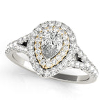 white gold and yellow gold pear shaped double halo engagement ring