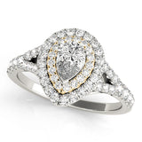 white gold and yellow gold pear shaped double halo engagement ring