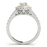 white gold and yellow gold pear shaped double halo engagement ring