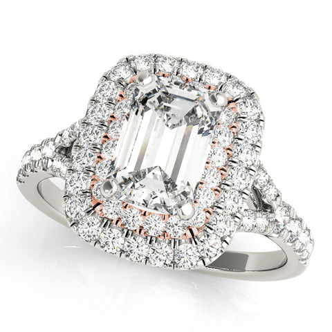 white gold double halo diamond engagement ring with an emerald cut diamond and rose gold accent prongs