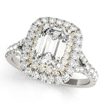 white gold double halo engagement ring with emerald cut diamond and yellow gold accent
